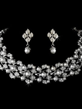 Bridal Wedding Crystal Pearl Fashion Necklace Earrings Jewelry Set