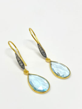 Genuine Sky Blue Topaz Pave Diamond Earrings, 14K Gold Plated Sterling