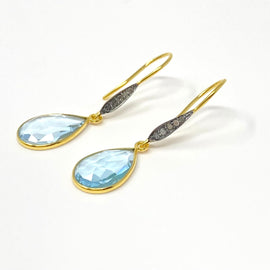 Genuine Sky Blue Topaz Pave Diamond Earrings, 14K Gold Plated Sterling