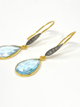 Genuine Sky Blue Topaz Pave Diamond Earrings, 14K Gold Plated Sterling